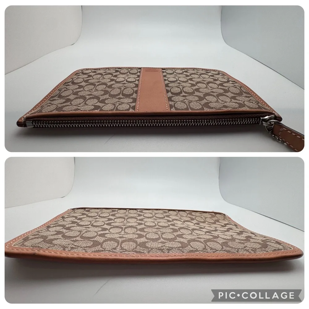 Vintage Coach Y2K Signature Jacquard Zip Pouch Brown Khaki Leather Trim Hangtag